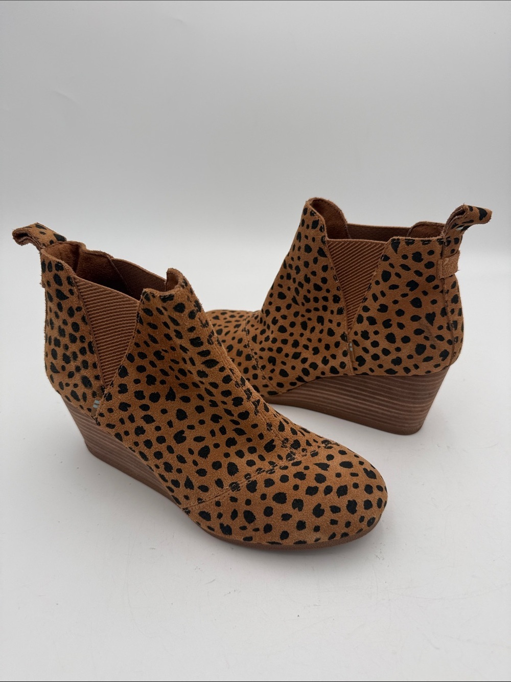 Toms Leopard Print Wedge Ankle Booties - Tan Black women 7.5 casual office Y2K